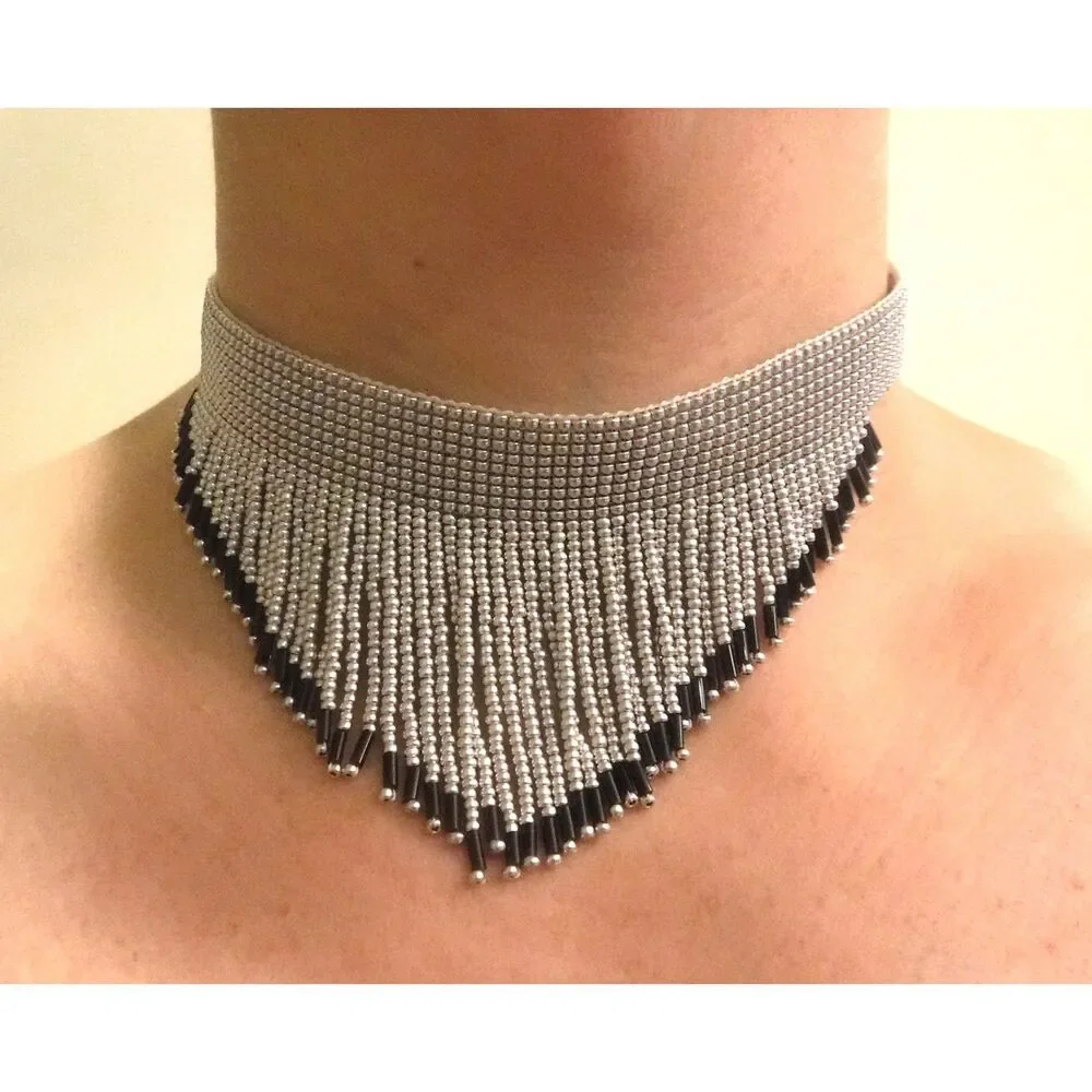 Loom Beaded Choker Necklace w/ Fringe Silver & Black